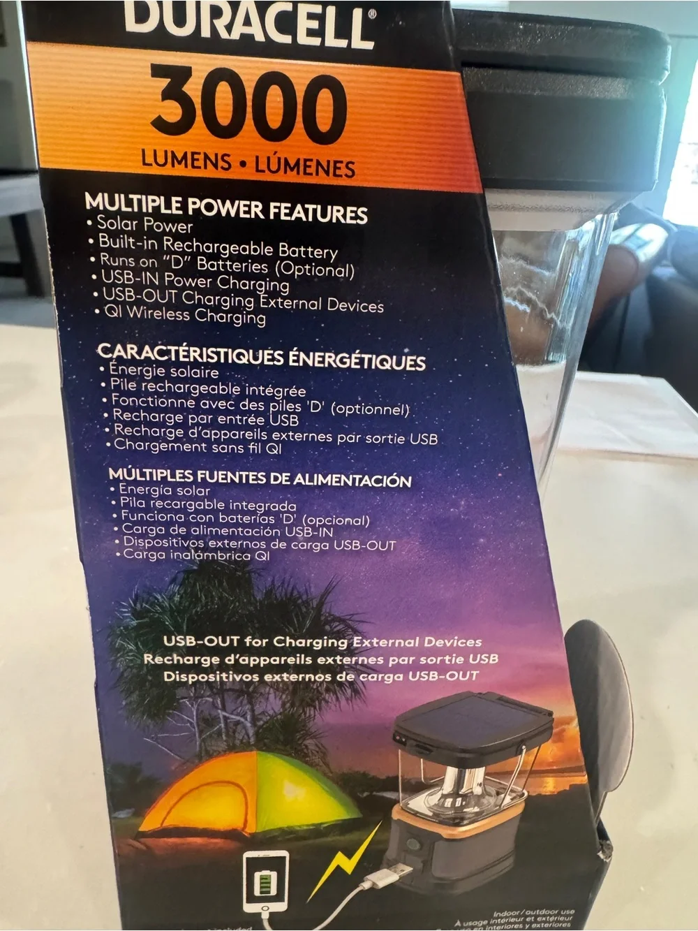 Duracell 3000 Lumen Tri-Power Rechargeable LED Lantern Solar USB Qi NIB